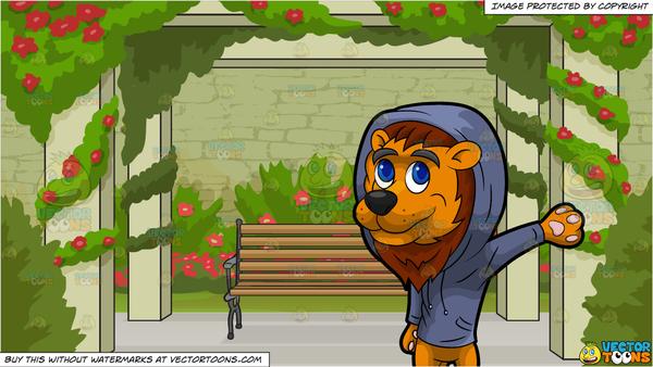 Luther The Lion Waving Hello And Bench In A Rose Garden Background 600x338 Luther The Lion Waving Hello And Bench In A Rose Garden Background