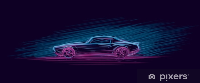 700x292 Neon Illustration Of Muscle Car Vector Wall Mural