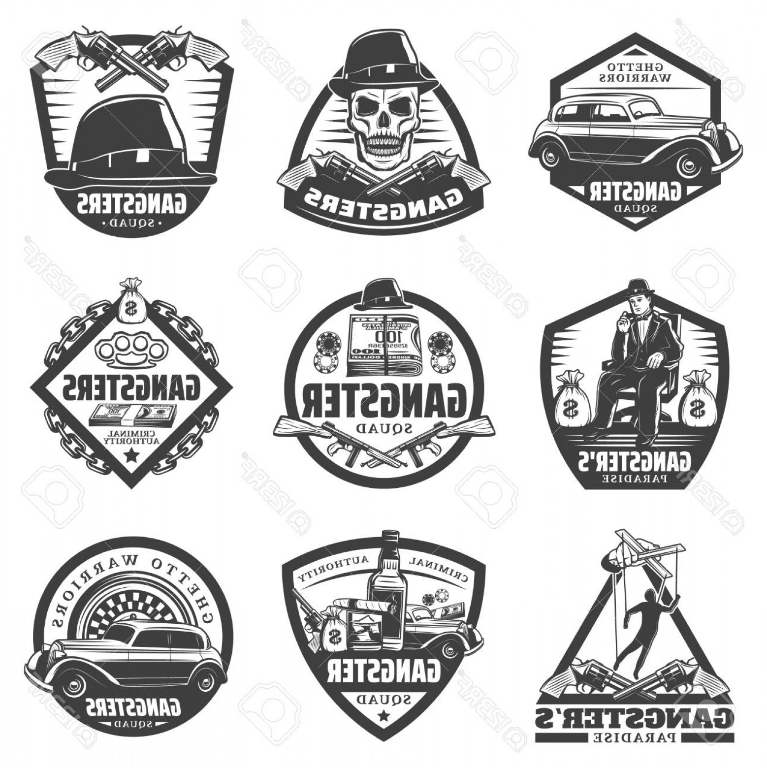 1558x1560 Photostock Vector Vintage Gangster Labels Set With Mafia Boss Car