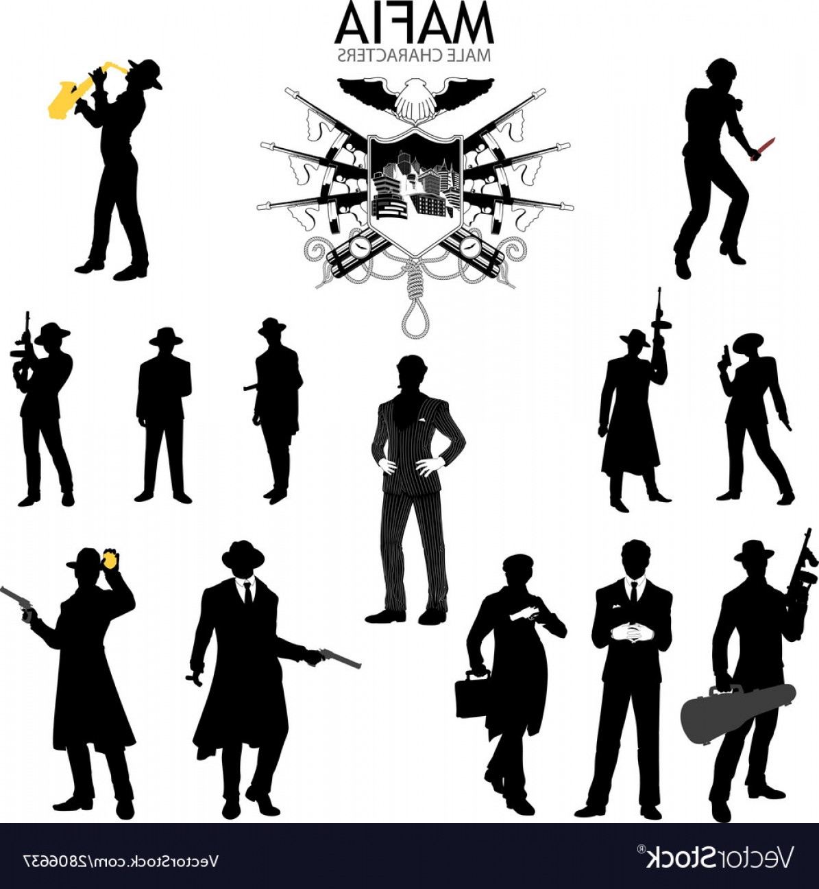 1195x1296 Male Characters Silhouettes Retro Mafia Set Vector Hoodamathrun