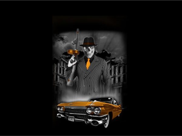 600x450 Skull Gangster Mafia With Car T Shirt Template Vector