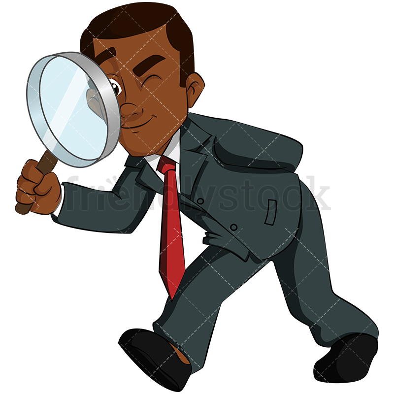 800x800 Black Business Man Magnifying Glass Vector Cartoon Clipart