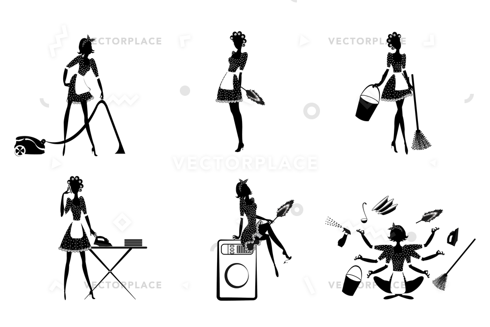 1000x669 Monochrome Housekeeping Set Maids Cleaning Home Vector