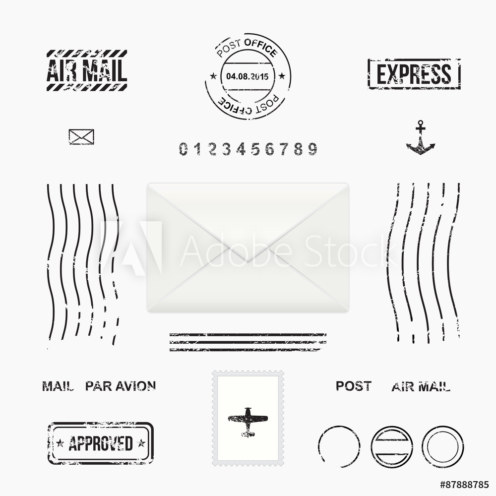 1000x1000 Photo Art Print Set Of Post Stamp Symbols, Mail Envelope, Vector
