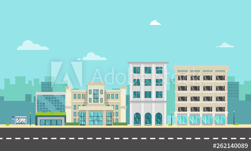 500x301 City Street And Company With Bus Stop In Flat Style Business