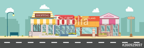 500x167 City Street And Store Buildings Vector Illustration, A Flat Style