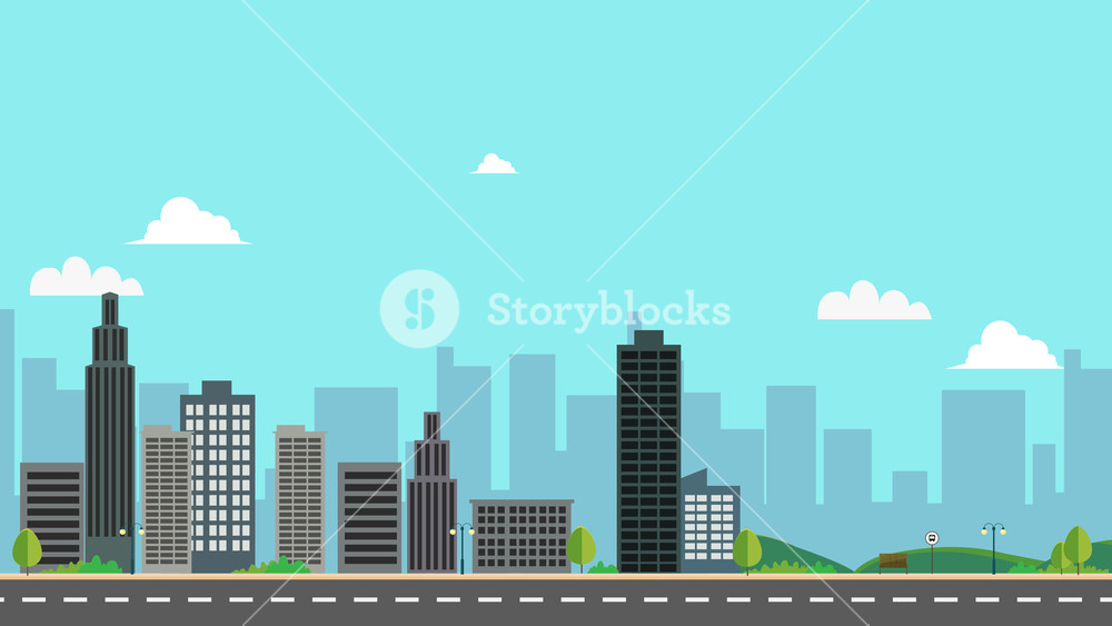1000x563 Cityscape With Park And Sky Background Vector Illustration Town