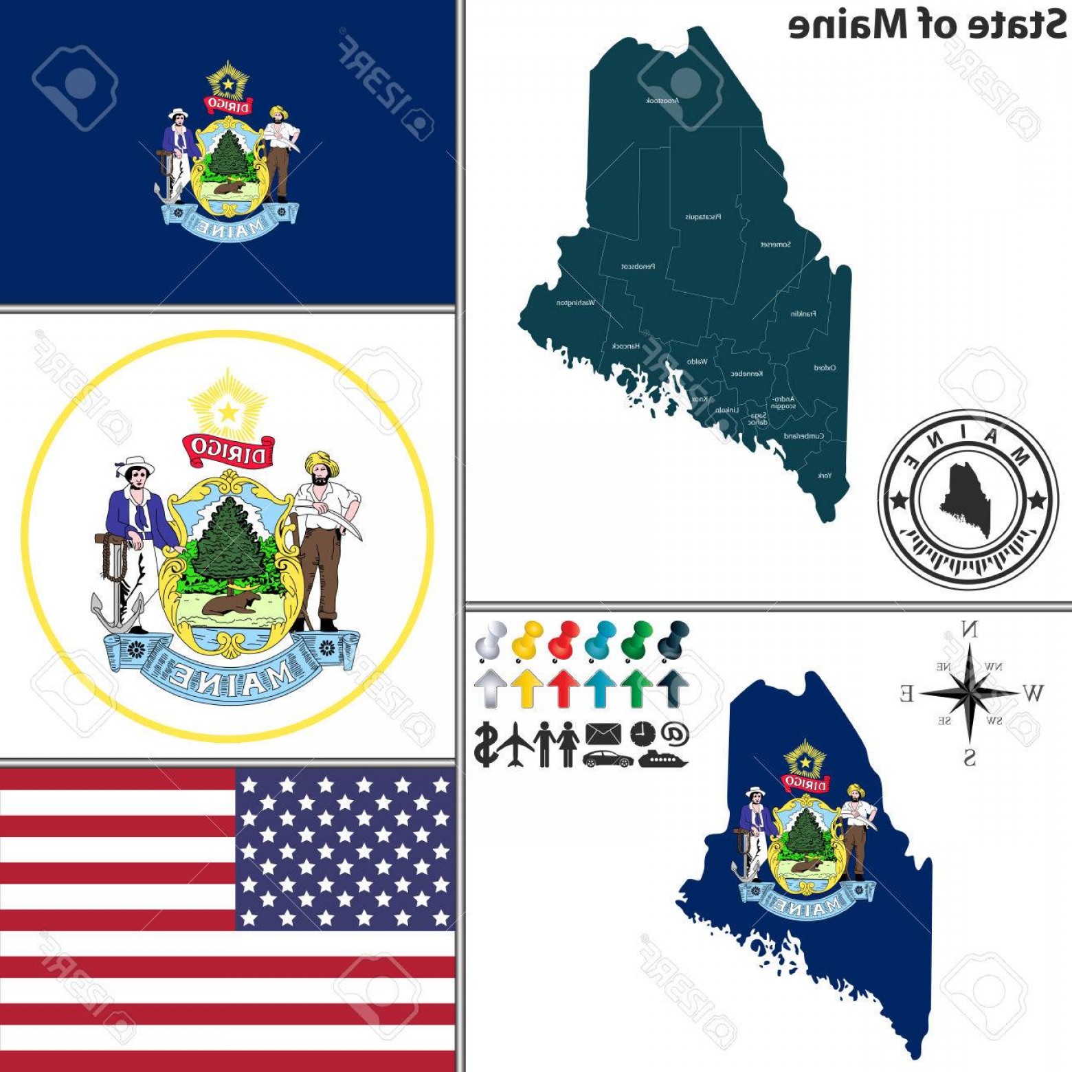 1560x1560 Photostock Vector Vector Set Of Maine State With Flag And Icons