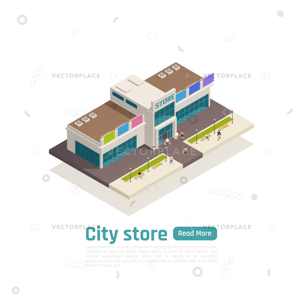 1000x1000 Isometric Store Mall Shopping Center Composition Vector