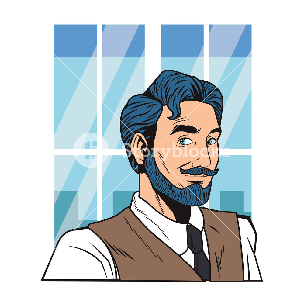 1000x1000 Pop Art Man Face With Beard Cartoon Over Window Vector