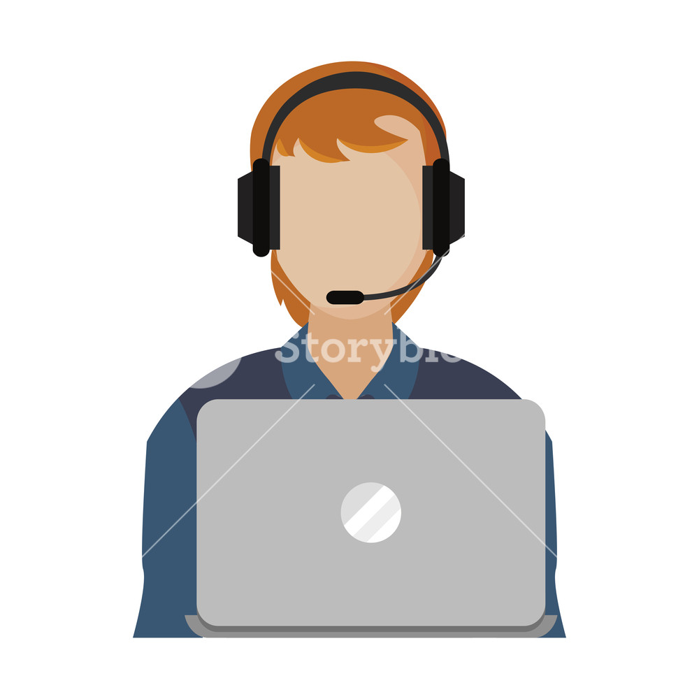 1000x1000 Call Center Man Agent Working Laptop Vector Illustration Royalty
