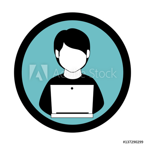 500x500 Monochrome Circular Frame With Man With Laptop Vector Illustration