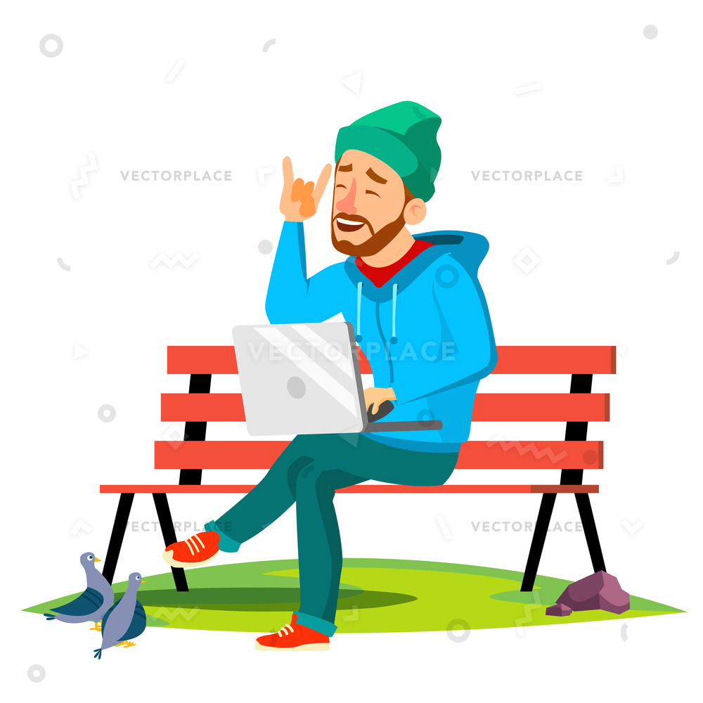 1000x1000 Freelance Man Sitting Bench Park Laptop Vector Illustration