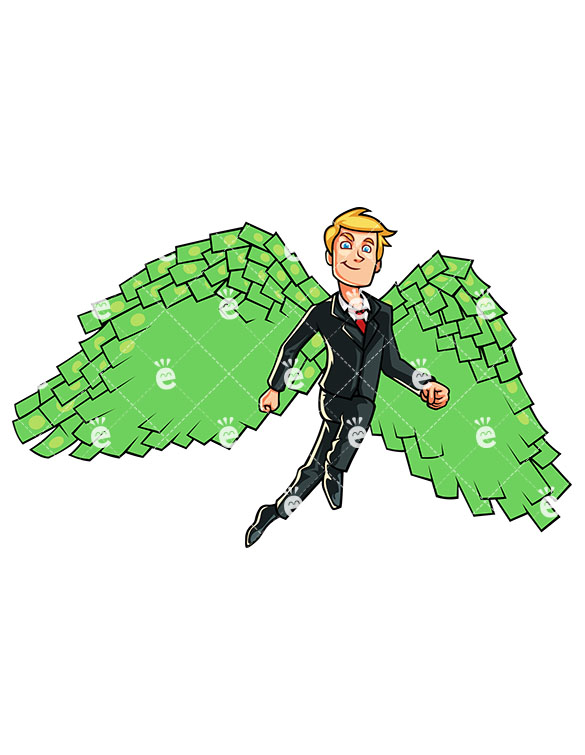 585x755 A Man Flying Upwards With Wings Made Of Money