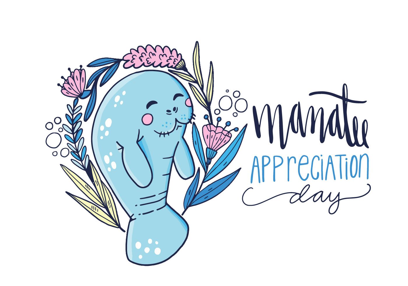 1400x980 Cute Manatee Character With Flowers And Lettering Hand Drawn Style