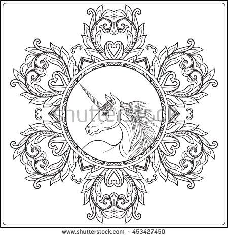 450x470 Unicorn In Vintage Decorative Floral Mandala Frame Vector