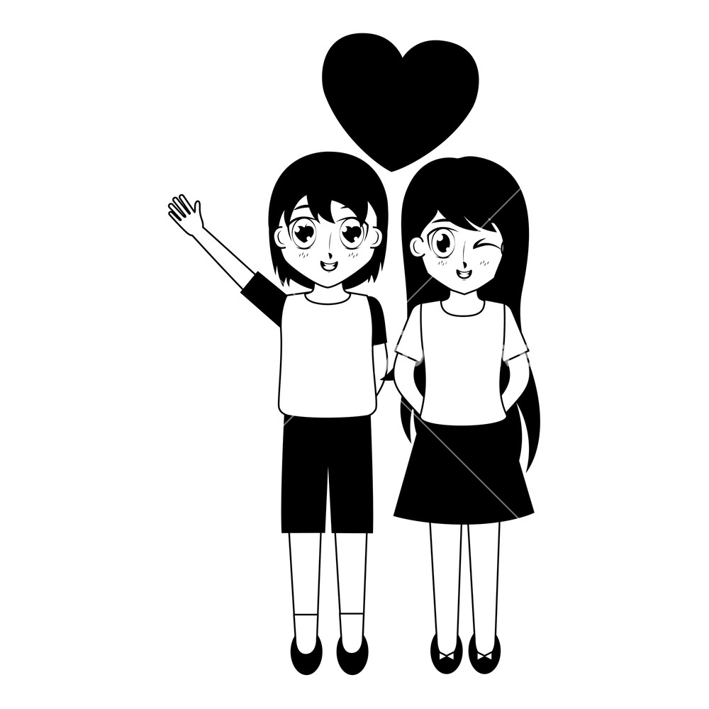 1000x1000 Girl And Boy Love Heart Anime Manga Vector Illustration Black