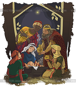 258x300 Jesus, Mary, Joseph And Three Kings In The Manger