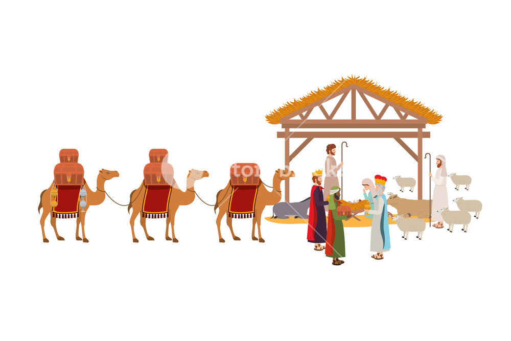 1000x667 Holy Family In Stable With Wise Kings Manger Vector Illustration