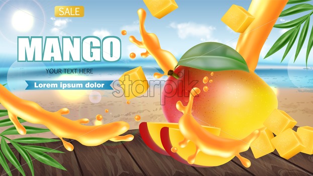 623x350 Mango Fruit Sliced On Tropic Background Vector Realistic Seaside