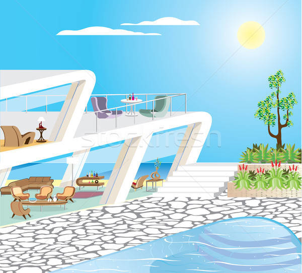600x542 Oceanfront Modern Mansion Vector Illustration Vector Illustration