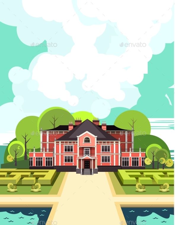590x758 Vector Illustration Of A Two Storey Country Mansion With A Garden