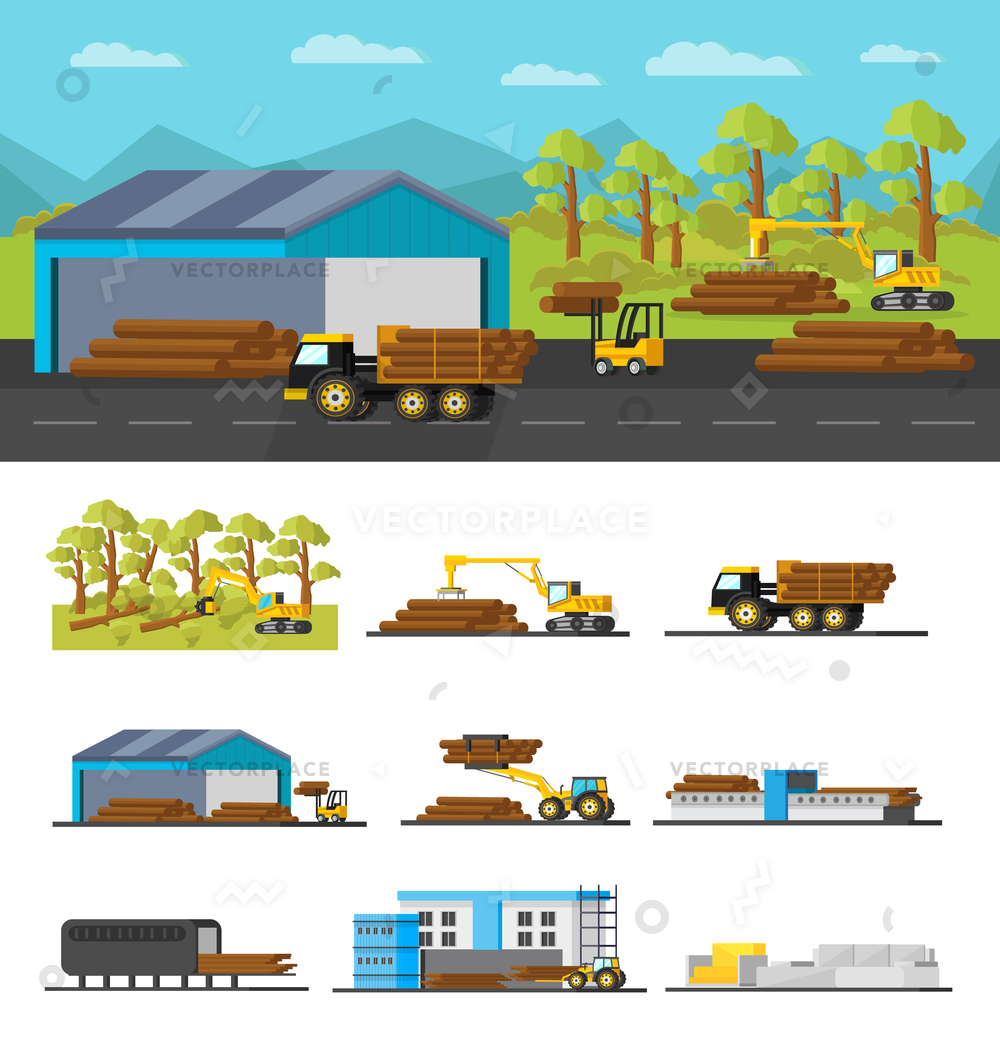 1000x1040 Industrial Wood Production Concept Different Elements Vector