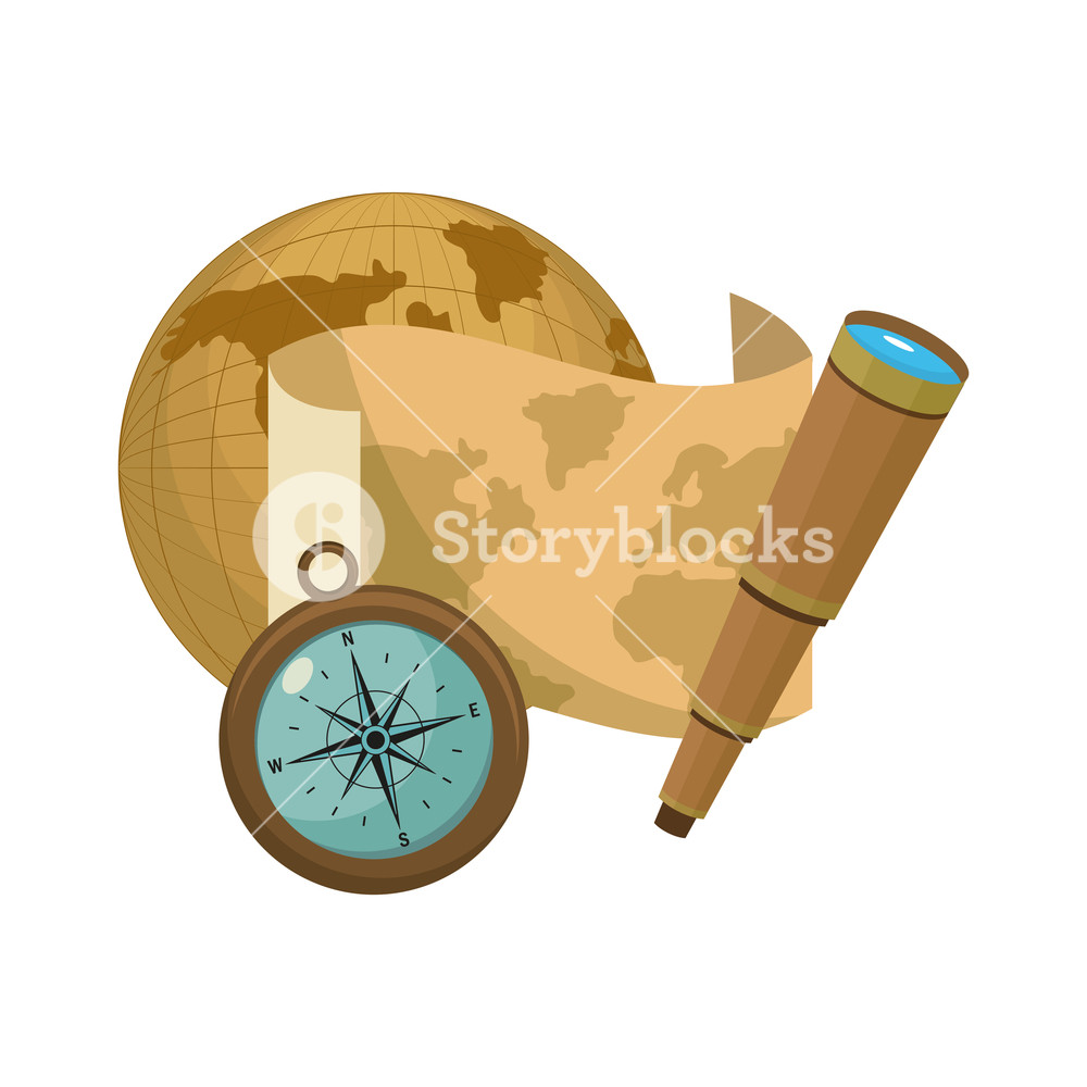 Global Planet With Map And Monocular With Compass Vector 1000x1000 Global Planet With Map And Monocular With Compass Vector