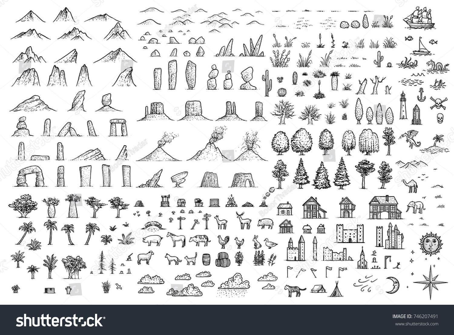 1500x1107 Fantasy Map Elements Illustration, Drawing, Engraving, Ink, Line