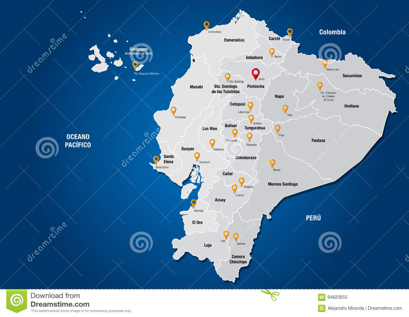 1300x1009 Political Map Republic Ecuador Names Provinces Their Capitals Blue