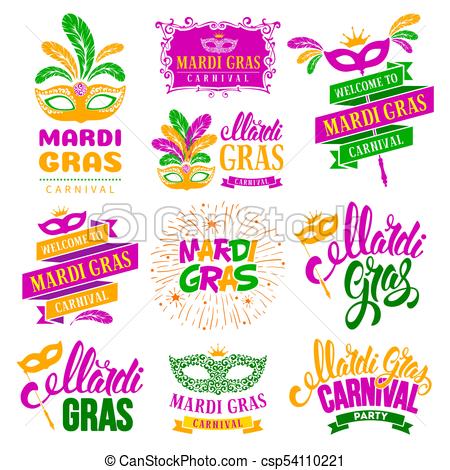 450x470 Mardi Gras Carnival Festive Typography Labels Set Isolated