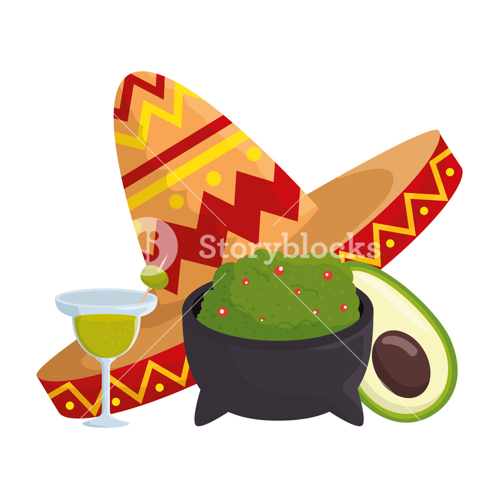 Guacamole With Mexican Hat And Margarita Vector Illustration 1000x1000 Guacamole With Mexican Hat And Margarita Vector Illustration