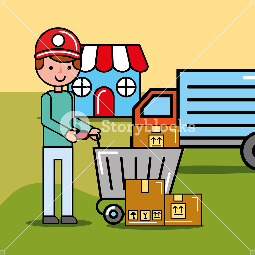 1000x1000 Delivery Man And Shopping Cart With Boxes Truck And Market Vector