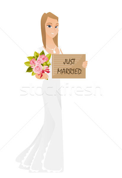 412x600 Bride Holding Plate With Text Just Married Vector Illustration