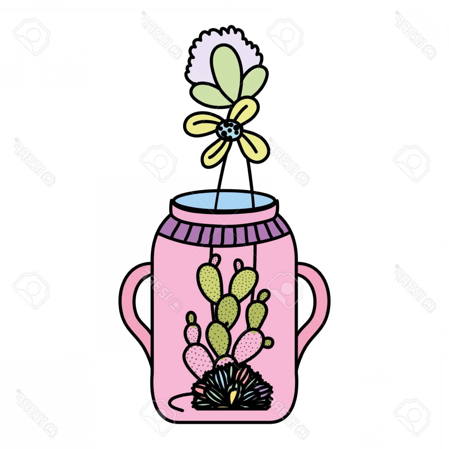 1560x1560 Photostock Vector Color Flower With Cactus Plant Inside Mason Jar