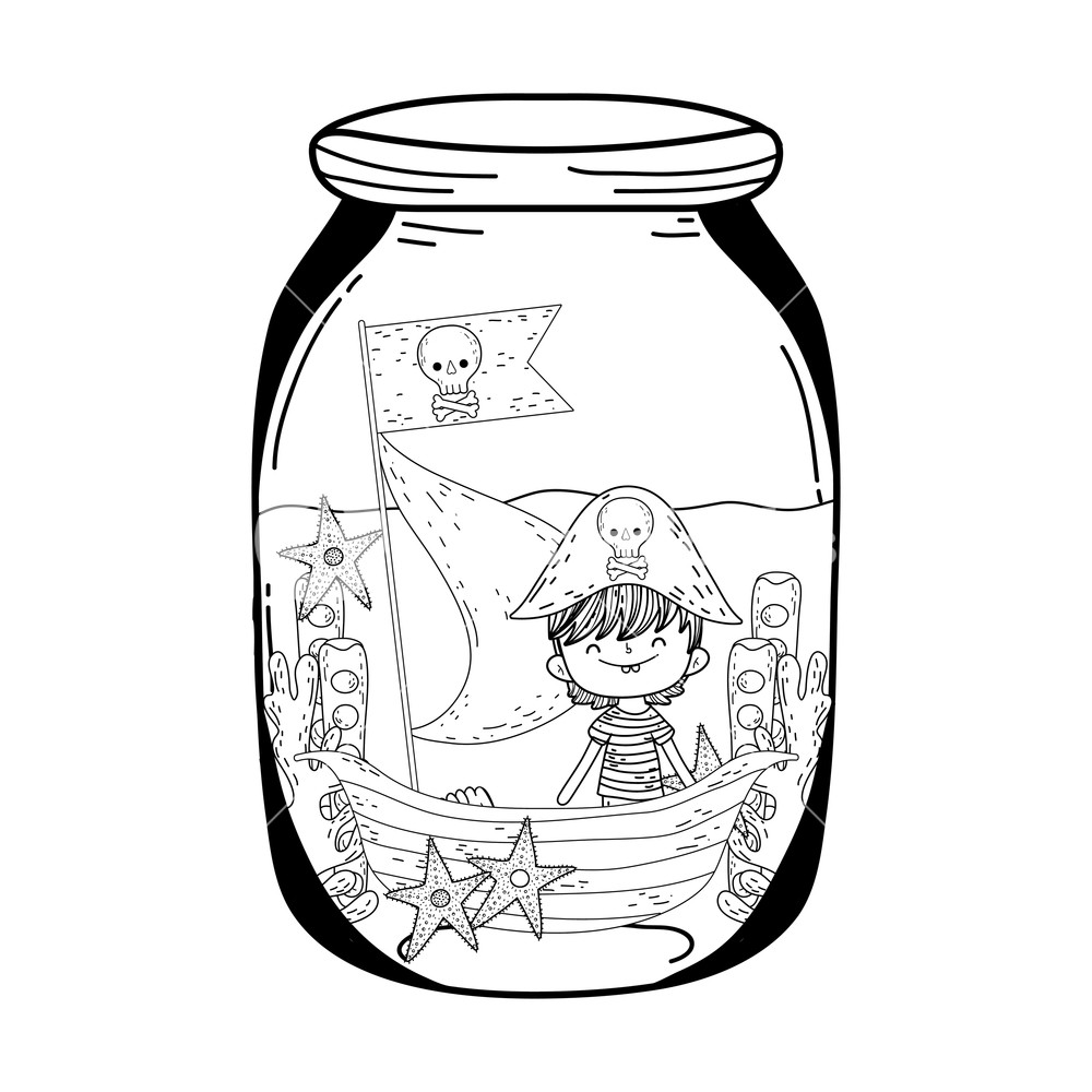 1000x1000 Little Pirate With Boat In Mason Jar Vector Illustration Design