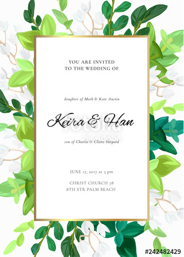 358x500 Floral Wedding Invitation Or Save The Date Card With Green Leaves