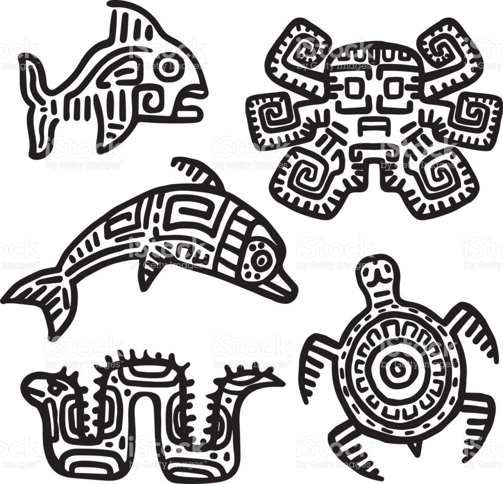 1024x986 Mayan Art Animals Vector Set Slow Turtle, Active Dolphin
