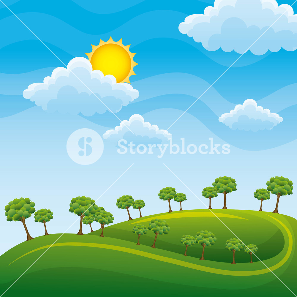 1000x1000 Green Landscape With Trees Clouds Meadow Vector Illustration