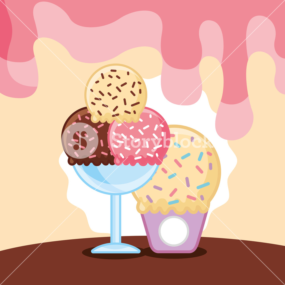 1000x1000 Glass Bowl Ice Cream Scoops And Cone In Paper Cup Pink Melting
