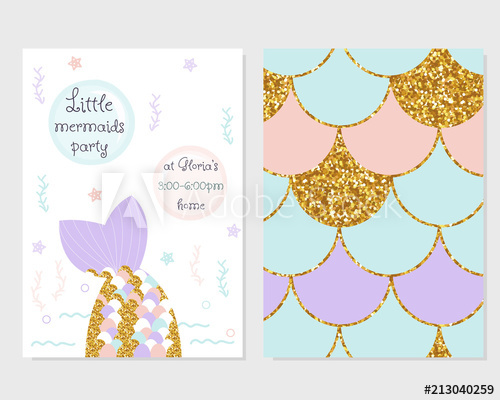 500x400 Cute Party Invitation With Mermaid Tail, Scale Pattern And Gold