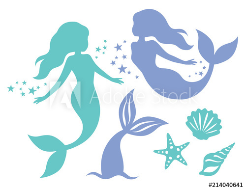 500x387 Silhouette Of Swimming Mermaids, Mermaid Tail, Shells And Starfish