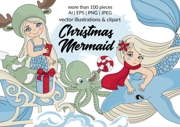 580x410 Christmas Mermaid Vector Illustration Set Graphic