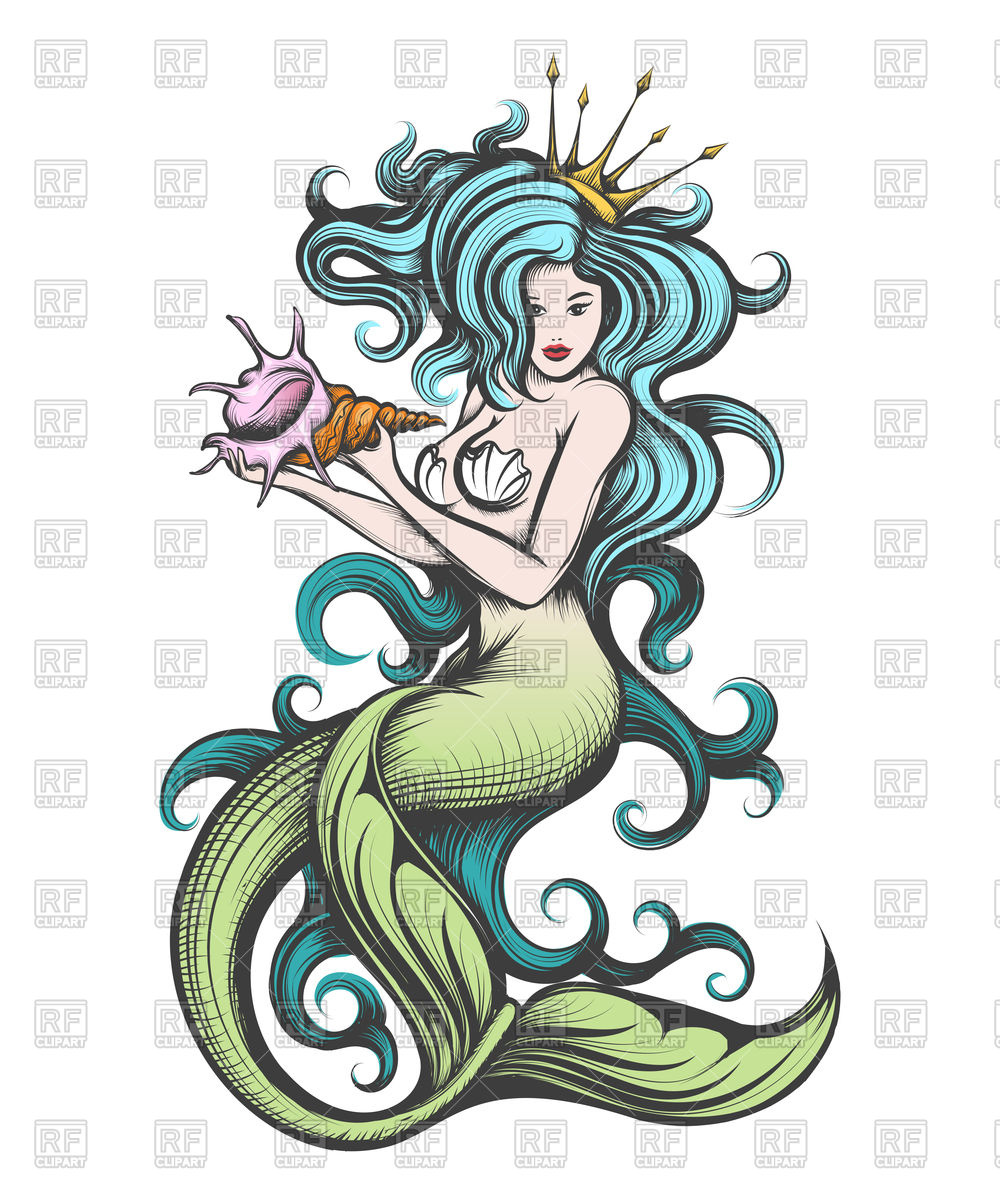 Blue Haired Siren Mermaid In Tattoo Style Vector Image 1000x1200 Blue Haired Siren Mermaid In Tattoo Style Vector Image
