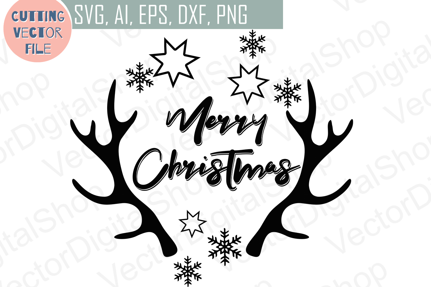 1500x1000 Merry Christmas Antlers Deer, Cutting Files, Xmas Vector