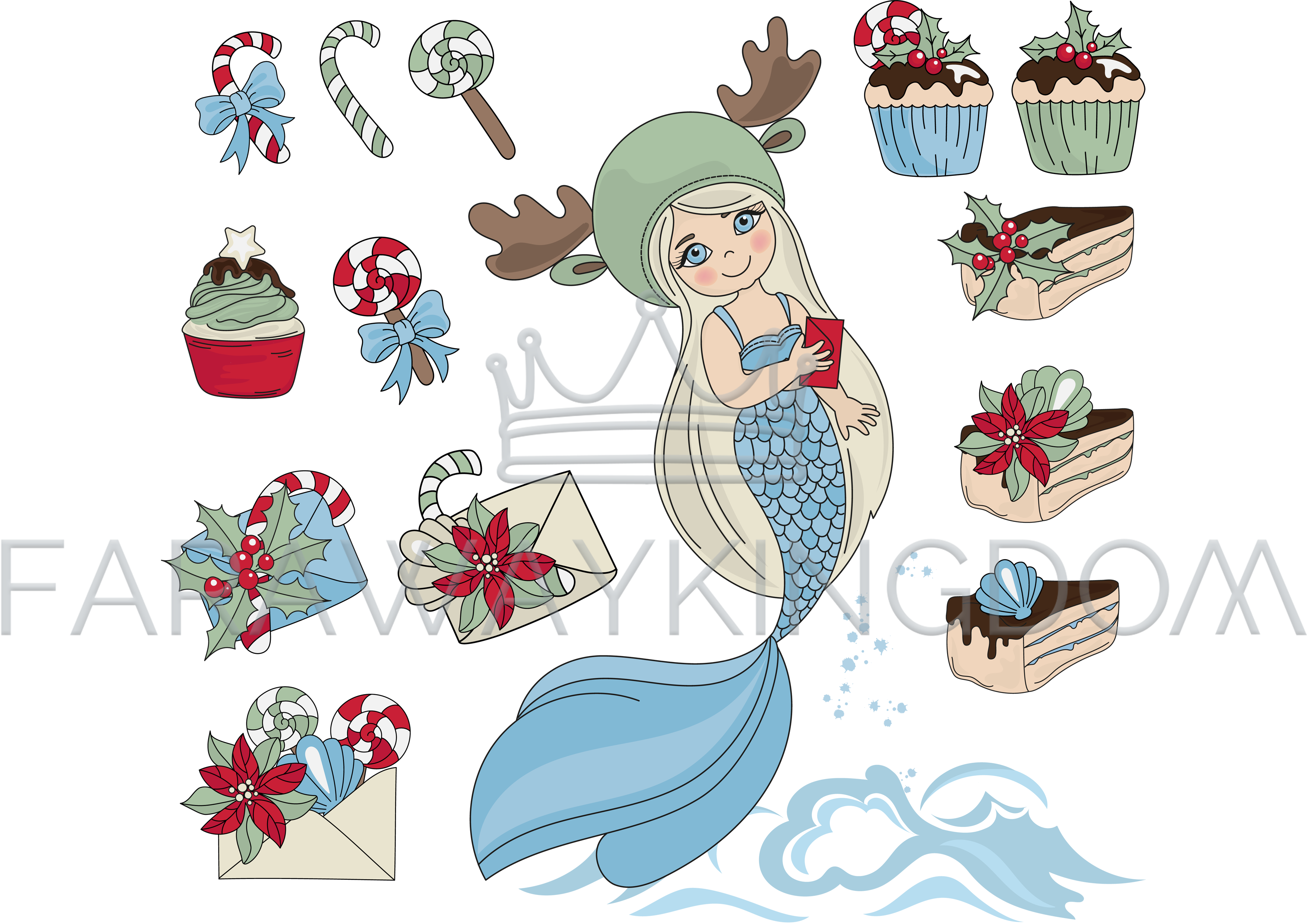 3508x2480 Mermaid Sweet Set Merry Christmas Vector Illustration Set