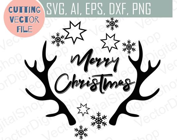 570x453 Merry Christmas With Antlers Christmas Vector Deer Etsy