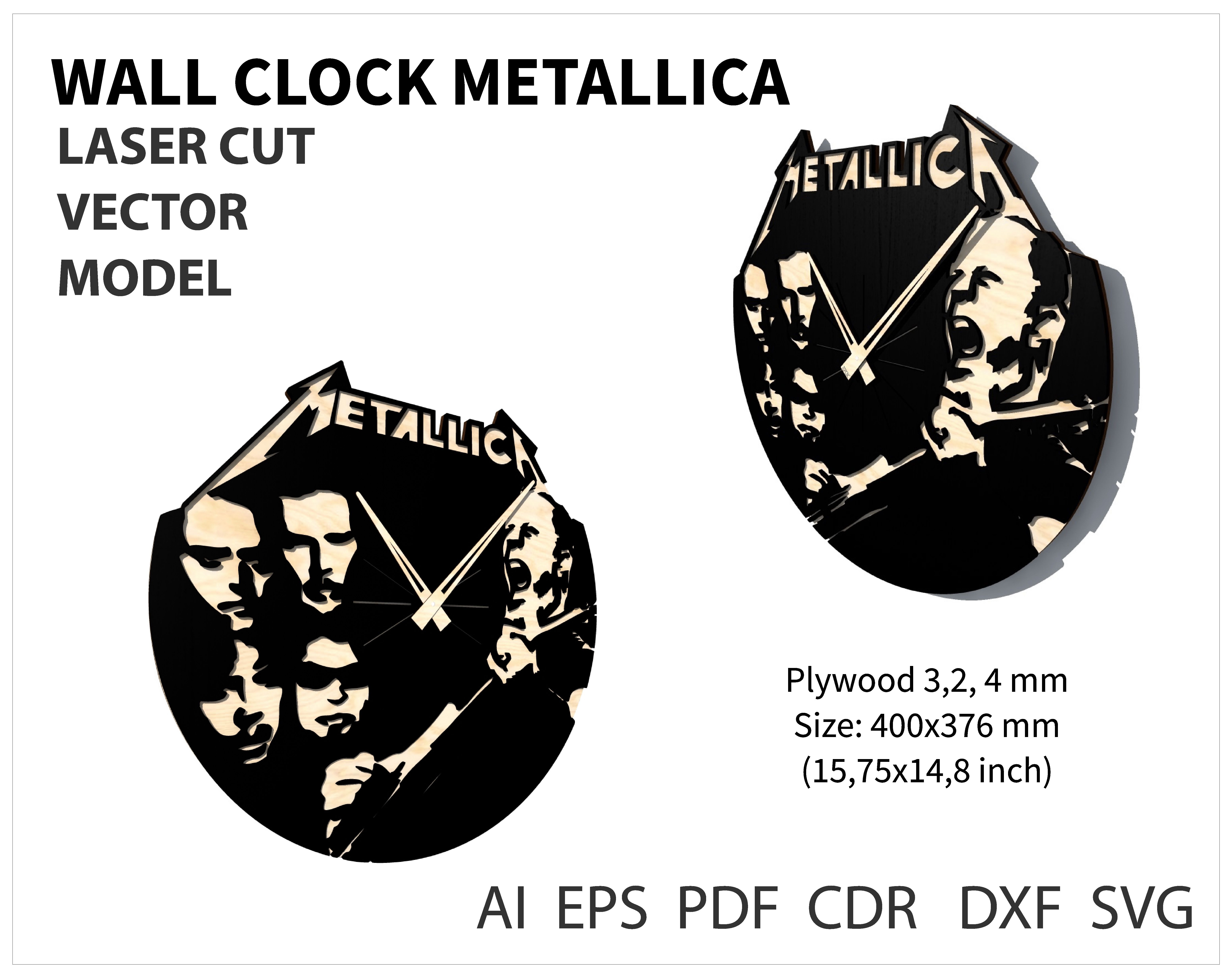 6201x4937 Wall Clock Metallica Vector For Laser Cutting Cnc Wooden