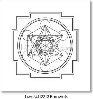 362x382 Monocrome Outline Metatron Cube Yantra Illustration, Art Print