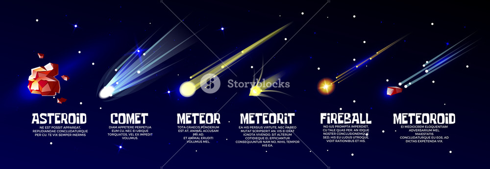 1000x346 Vector Cartoon Outer Space Objects Set Glowing Cold Comet